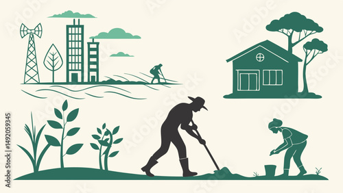 Green Silhouette Illustration of Agriculture Urban Development and Rural Living
