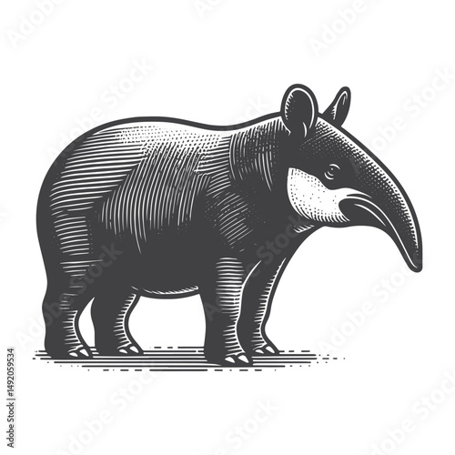 Vintage Hand-Drawn Tapir Illustration – Wildlife Engraved Style Vector for T-Shirts, Posters, Stickers, and Wildlife Apparel