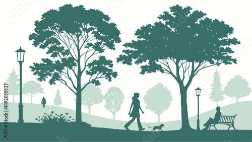 Green Silhouette Park Illustration People Walking Dog Sitting Bench Trees Lampposts Outdoor Scene
