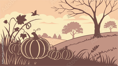 Autumn Harvest Pumpkin Patch Illustration Rural Landscape with Trees and Flying Bird