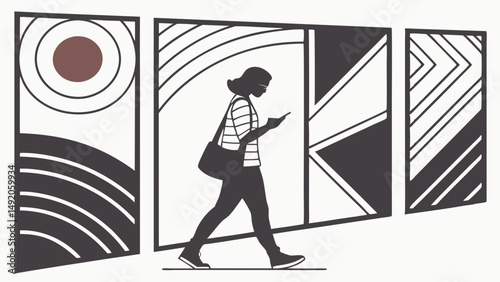 Modern graphic illustration of silhouette person walking and using phone before abstract geometric art panels.