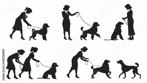 Women Training Poodles Silhouette Collection Dog Obedience Poses Sitting Standing Walking Vector Art