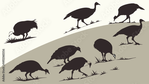 Flock of Wild Turkeys Silhouette Illustration on a Grassy Hillside Sepia Tone Nature Wildlife Art