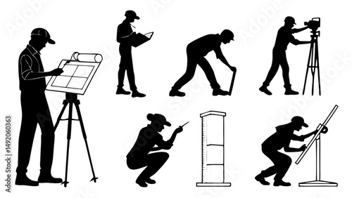 Silhouettes of Surveyors Architects and Engineers Working with Technical Tools and Equipment Vector Illustration Set