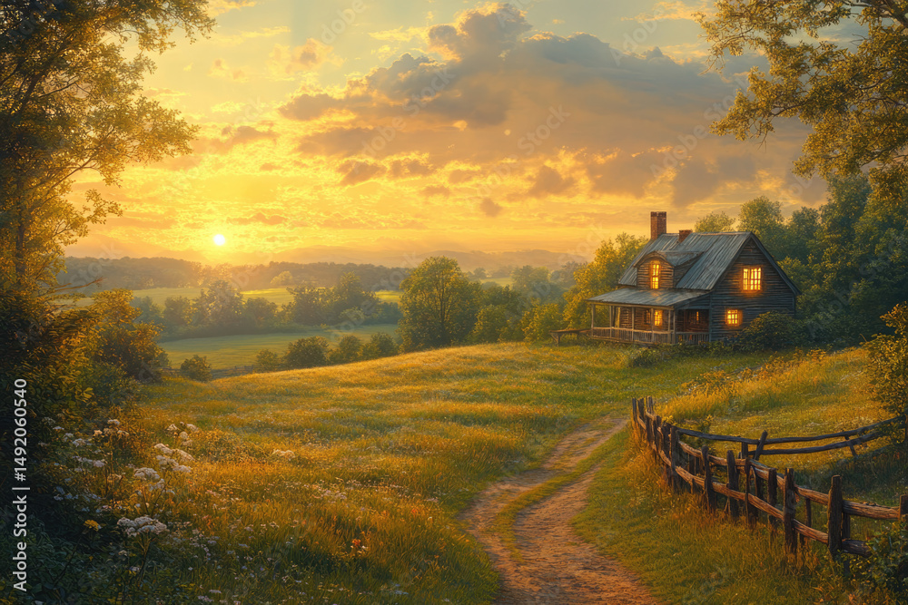 Fototapeta premium Golden Hour Falls Over the Peaceful Farmhouse