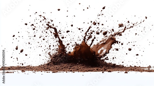 A dramatic splash of dark brown powder against a white background, showing texture and movement
