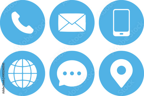 Communication Icons: A set of six iconic symbols representing different methods of communication, rendered in a modern, clean style for easy recognition. 