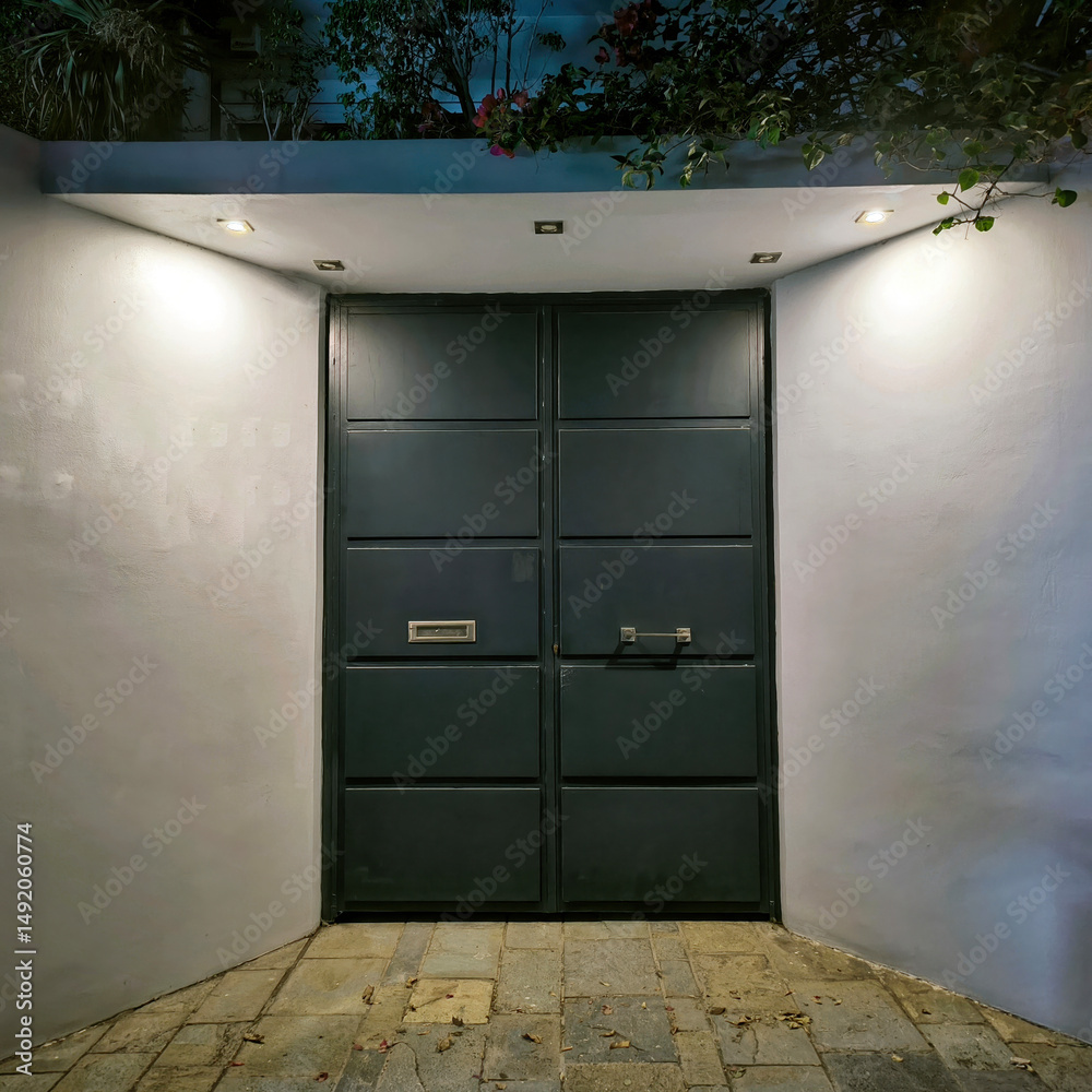 Fototapeta premium Minimalist, Iluminated double-door recessed entrance with horizontal panels. Stone paved floor, with a few scattered leaves.