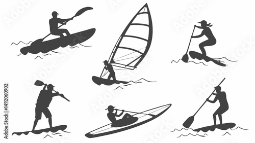 Black and White Water Sports Silhouettes Kayaking Windsurfing SUP Icons