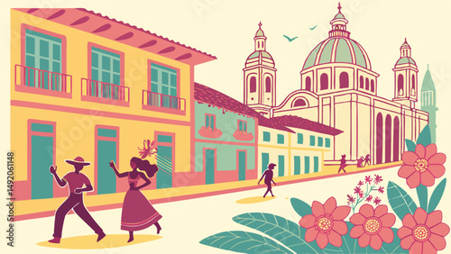 Illustrated Latin American street scene with dancing couple, colorful colonial buildings, and cathedral.