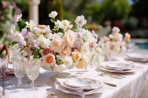 Elegant Floral Centerpiece on Outdoor Table Setting, Perfect for Wedding Planning and Event Celebrations in a Garden Setting : Generative AI