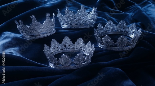 A high-angle shot of three majestic silver crowns placed on a luxurious, dark velvet backdrop, emphasizing their royal elegance for Epiphany Day. 