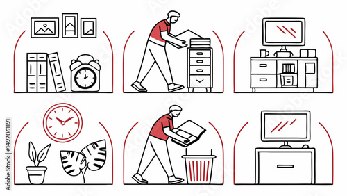 Office Organization Filing Decluttering Work Tasks Simple Line Art Illustration Productivity Graphic