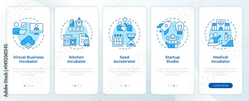 Business incubator types blue onboarding mobile app screen. Walkthrough 5 steps editable graphic instructions with linear concepts. UI, UX, GUI. Montserrat SemiBold, Regular fonts used