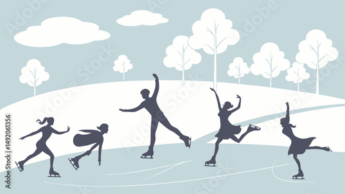 Outdoor Ice Skating Silhouettes in Winter Park Landscape Illustration