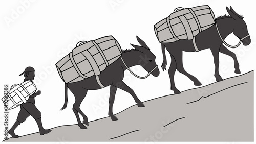 Monochrome Drawing of Person and Donkeys Transporting Large Loads Uphill
