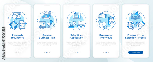 Startup incubator recruitment blue onboarding mobile app screen. Walkthrough 5 steps editable graphic instructions with linear concepts. UI, UX, GUI. Montserrat SemiBold, Regular fonts used