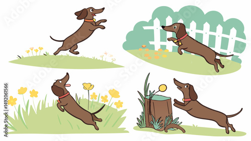 Vibrant detailed cartoon illustration of a happy playful brown dachshund dog jumping and leaping outdoors in various garden settings.