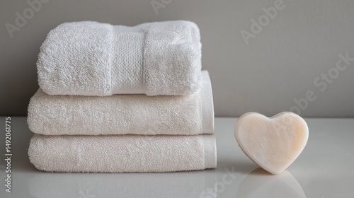 A serene spa arrangement featuring two plush towels stacked beside a delicate heart-shaped soap and a quartz massager on a clean, minimalist background. 