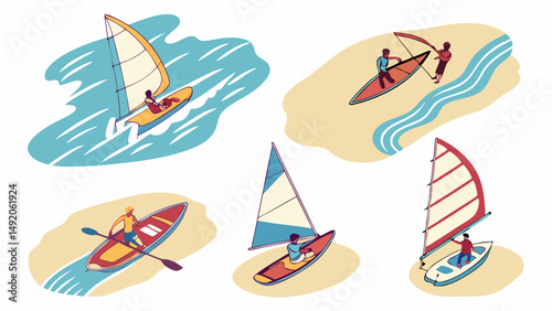 Flat Illustration of People Enjoying Summer Water Sports Sailing Kayaking Windsurfing on Beach and River