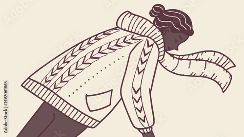 Stylized Illustration Person in Warm Cable Knit Sweater and Scarf Blown by Cold Winter Wind
