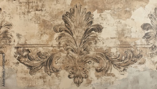 Aged wall with ornate, dark brown, patterned design