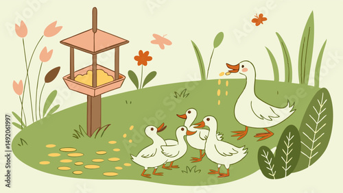Cute cartoon illustration of mother duck feeding her ducklings from a bird feeder in a spring garden.