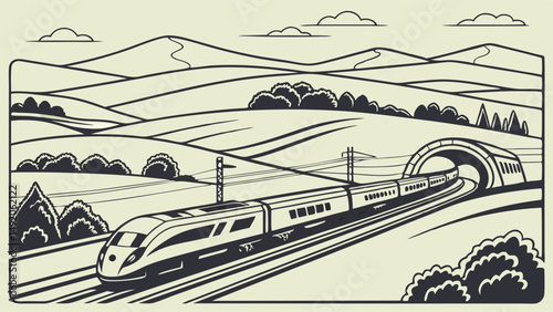 Vintage style black and white illustration of a high speed train speeding through a landscape with hills and a tunnel