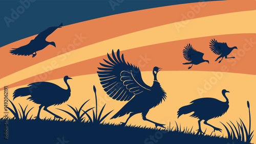 Highly Descriptive Silhouette Vector Illustration of a Flock of Wild Turkeys Flying Walking and Running in a Grassy Field at Sunset