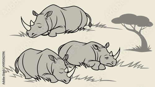 Detailed illustration of three rhinos resting peacefully in the African savanna grass near a tree wildlife sketch
