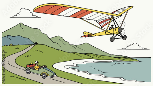Cartoon Drawing of a Hang Glider Soaring Above a Classic Car on a Winding Coastal Road by Mountains