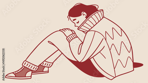 Simple Red Line Art Illustration Person Sitting Curled Up Sweater Sad Lonely Anxious Solitude