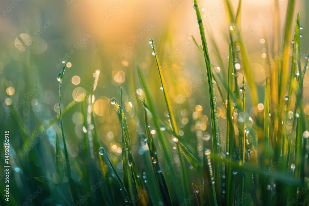Fototapeta premium Close-Up of Grass Blades with Dew Drops at Sunrise, Symbolizing Fresh Start and Environmental Awareness, Ideal for Wellness and Green Initiatives : Generative AI
