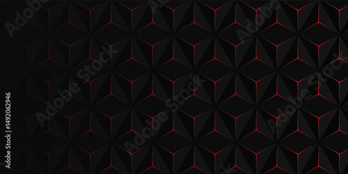 Dark gray and red horizontal hexagonal technology abstract vector background. red bright energy flashes under hexagon in futuristic modern technology wide banner. Dark gray honeycomb texture grid.