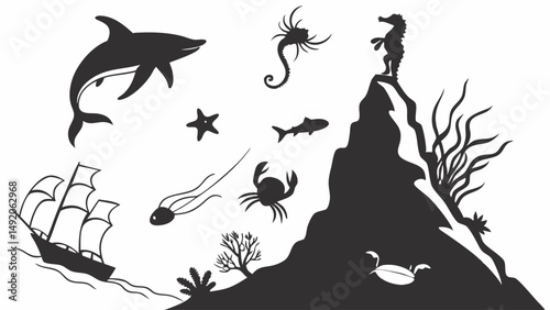 Black White Silhouette Illustration Underwater Ocean Scene Shipwreck Marine Life Seahorse Shark Crab Fish Starfish Coral Rock