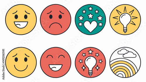 Flat Line Art Icons Set Emotions Ideas Moods Happy Sad Inspiration Hope Rainbow Success