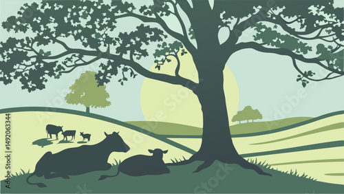 Sunny rural landscape silhouette illustration with cows under a tree