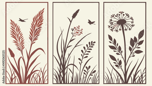 Set Of Three Nature Silhouettes Wall Art Panels With Grass Reeds Dandelion And Birds Minimalist Decorative Design