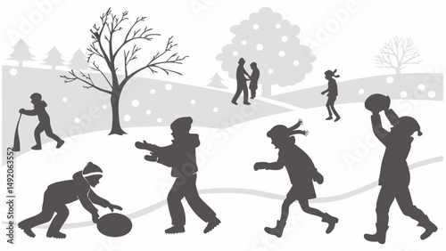 Grayscale silhouette illustration of winter fun people playing in snow snowball fight sledding walking outdoors