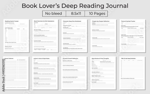 Deep Reading Journal for Book Lovers – Track Reading Goals, Characters, Themes, Quotes & Reviews – Reflect & Enhance Your Literary Journey – Printable Planner Bundle - vector Illustration.