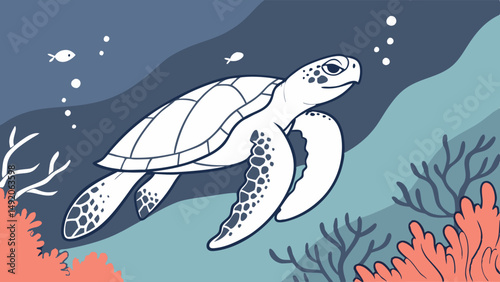 Simple Clean Digital Illustration of a White Sea Turtle Swimming Underwater Near Orange Coral Reef and Small Fish