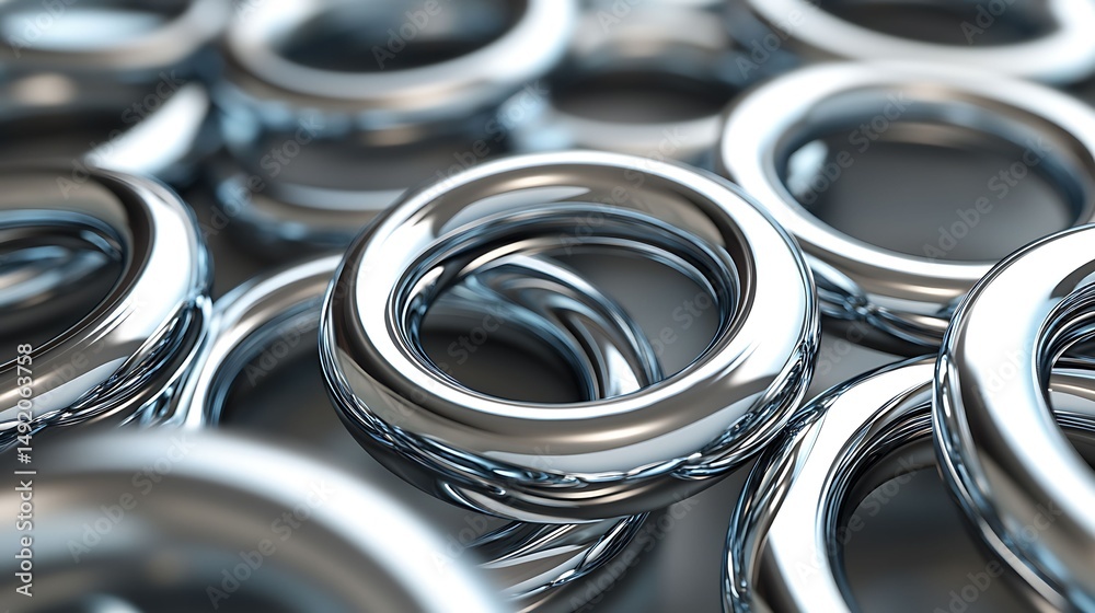 3D render of numerous interlocking metallic rings, reflecting light with a glossy sheen. 3D render of numerous interlocking metallic rings, reflecting light with a glossy sheen.