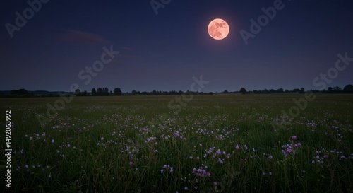 Full moon over meadow photo