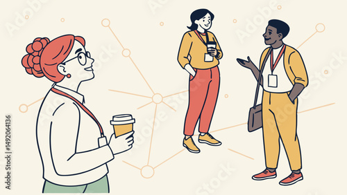 Flat illustration diverse professionals networking talking coffee break conference event