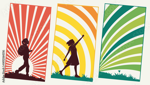 Three colorful graphic panels with silhouettes of people walking and reaching against radiating lines symbolizing hope journey and growth