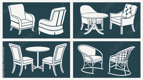 Detailed Furniture Illustrations Classic Armchairs Dining Chairs Wicker Rattan Chairs Tables