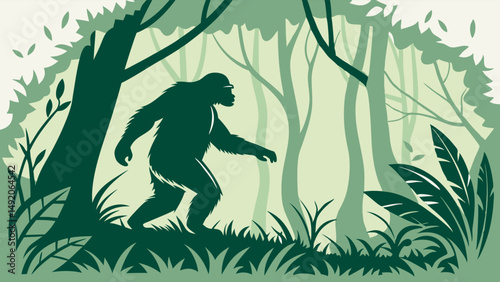 Bigfoot Sasquatch Cryptid Silhouette Walking Through Green Forest Illustration Art