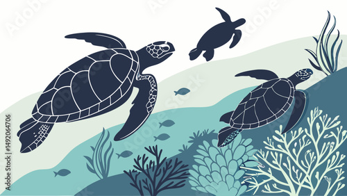 Flat vector illustration of three sea turtles swimming underwater near a coral reef and fish