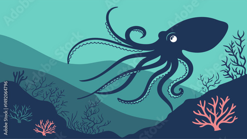 Blue Octopus Swimming Underwater Illustration with Coral and Rocks Flat Design