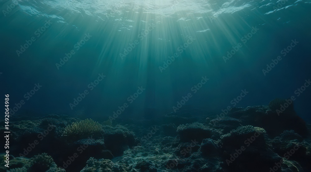 Obraz premium Sunlight streams underwater through dark, coral reef
